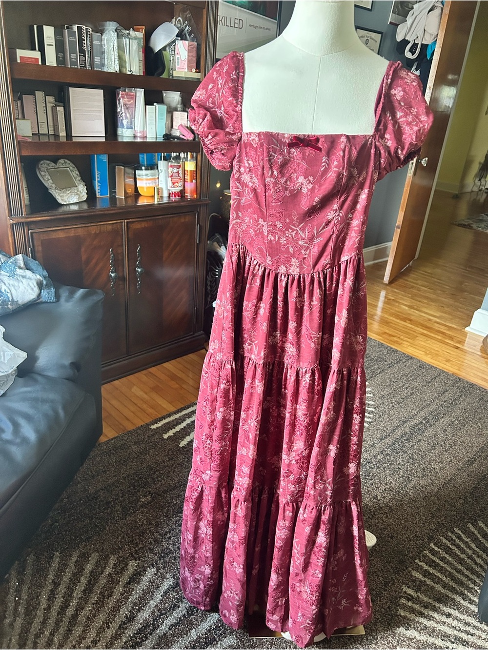 Altar'd State Rose Red Floral Square-Neck Tiered Maxi Dress